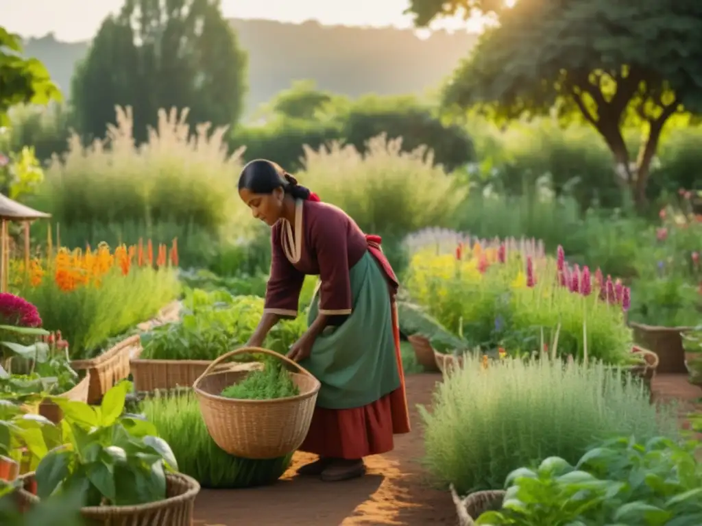 Jardín medicinal tradicional Beneficios de la medicina tradicional: Jardín medicinal con plantas vibrantes, persona cuidando y comunidad discutiendo métodos curativos