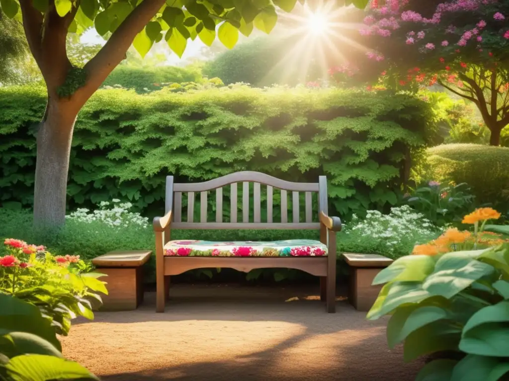 Jardín sereno rodeado de naturaleza exuberante Jardín sereno con banco de madera y cojín floral: Alimentos curativos para estrés crónico