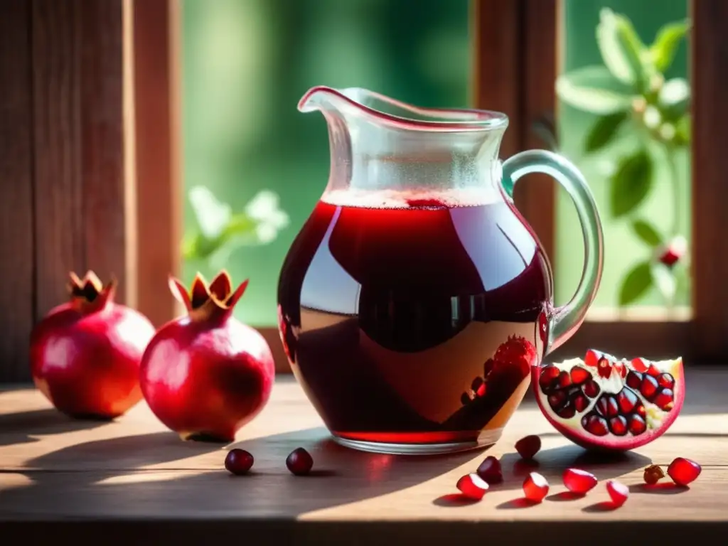 Jugo de granada recién exprimido en jarra vintage Zumo de granada: jugo rojo rubí en jarra vintage con semillas y menta en mesa de madera