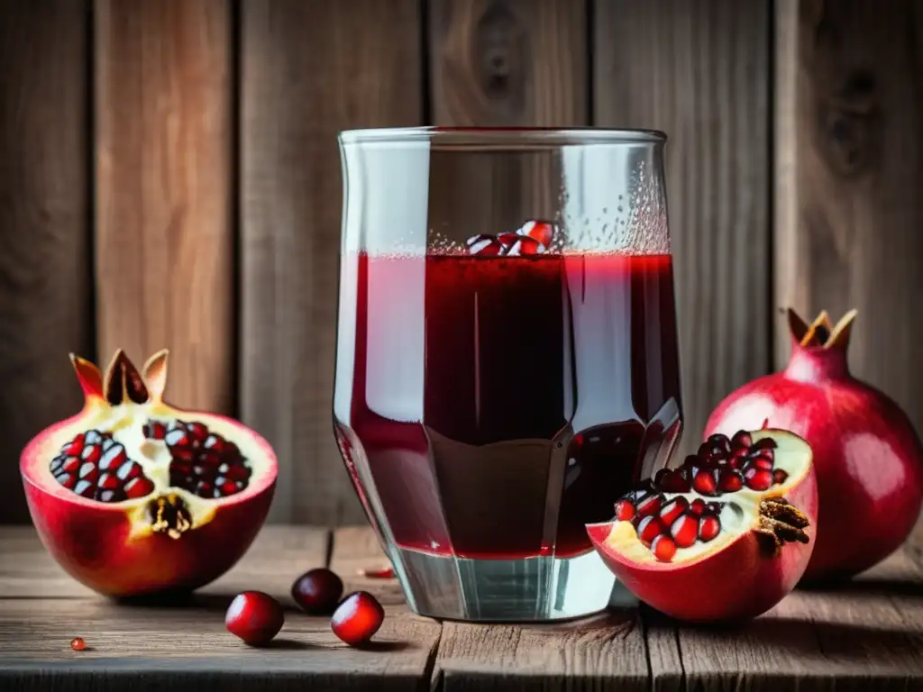 Jugo de granada roja en vaso vintage Beneficios del zumo de granada en una imagen vintage de un vaso rebosante de jugo rojo de granada en una mesa de madera rústica