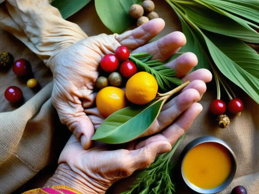 Mano arrugada sostiene alimentos curativos tradicionales Alimentos curativos tradicionales para longevidad: mano arrugada sostiene alimentos sanadores tradicionales, simbolizando rejuvenecimiento y vitalidad