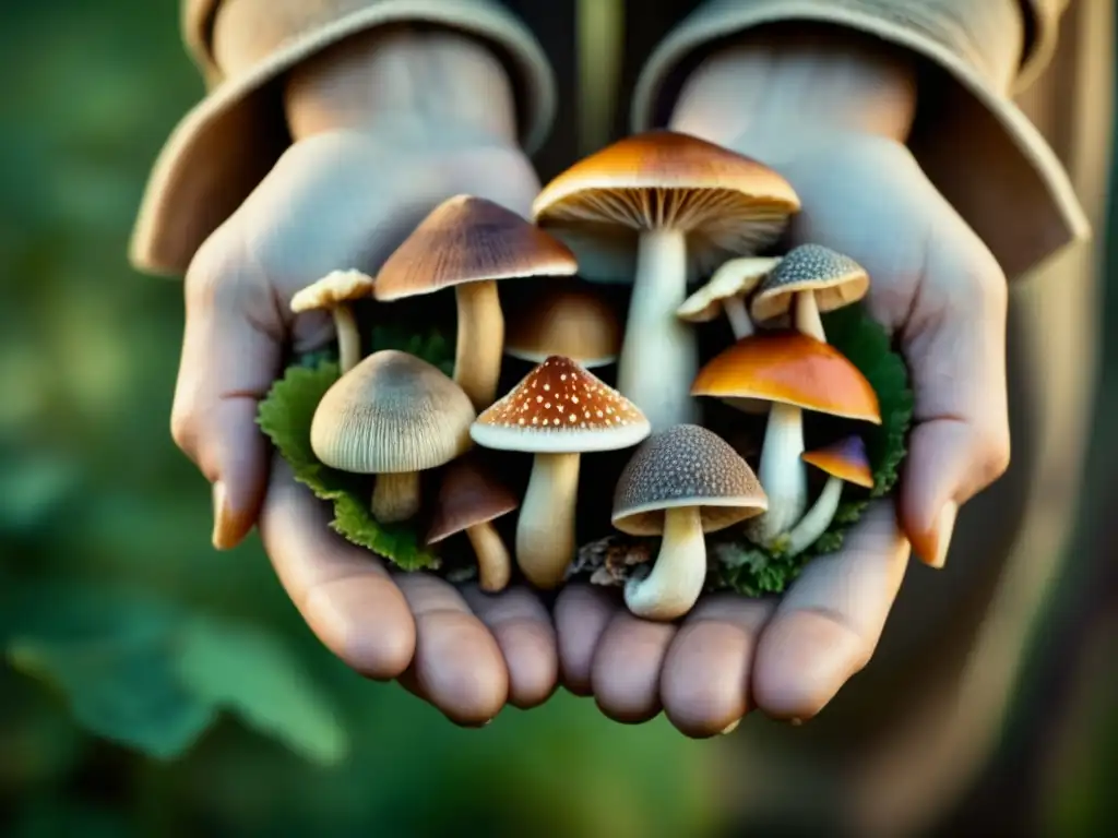 Mano sosteniendo hongos medicinales Riesgos y beneficios de hongos medicinales, mano sosteniendo variedad en imagen vintage