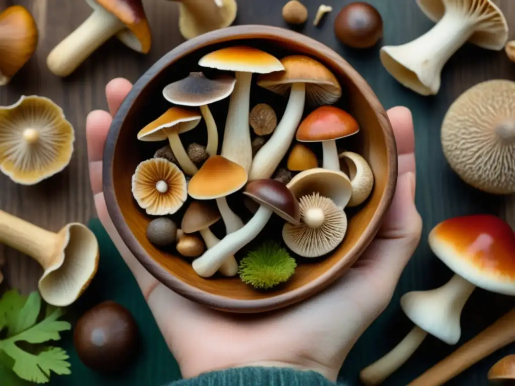 Mano sostiene tazón con setas medicinales Beneficios hongos medicinales salud mental: mano sostiene recipiente madera con variedad hongos coloridos, etiquetados y bellos