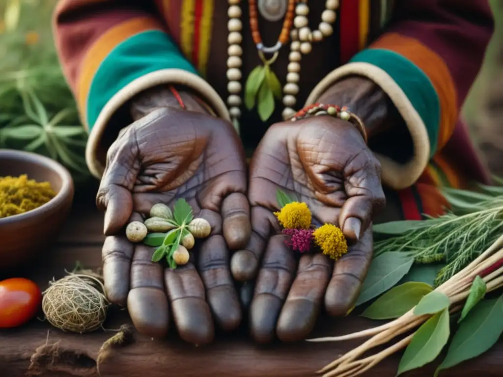 Manos del curandero: hierbas medicinales coloridas Manos arrugadas del curandero indígena con hierbas medicinales - Beneficios de la alimentación indígena