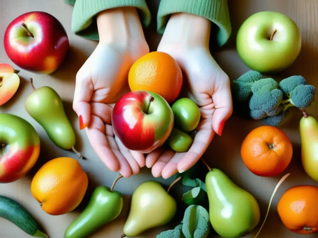 Manos infantiles sujetando frutas y verduras frescas Beneficios alimentos curativos niños: Manos de niño sostienen frutas y verduras frescas, evocando vitalidad y bienestar