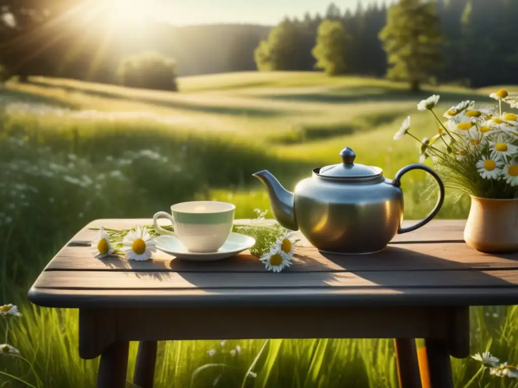 Escena serena en la naturaleza con té de manzanilla Imagen de naturaleza tranquila con mesa de té vintage y flores de manzanilla para estrés crónico