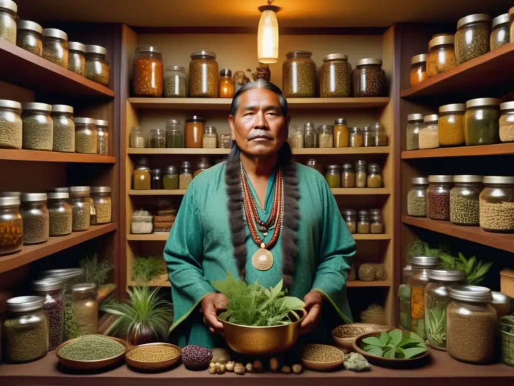 Sanador indígena rodeado de hierbas curativas Medicina tradicional indígena con alimentos curativos y arte ancestral