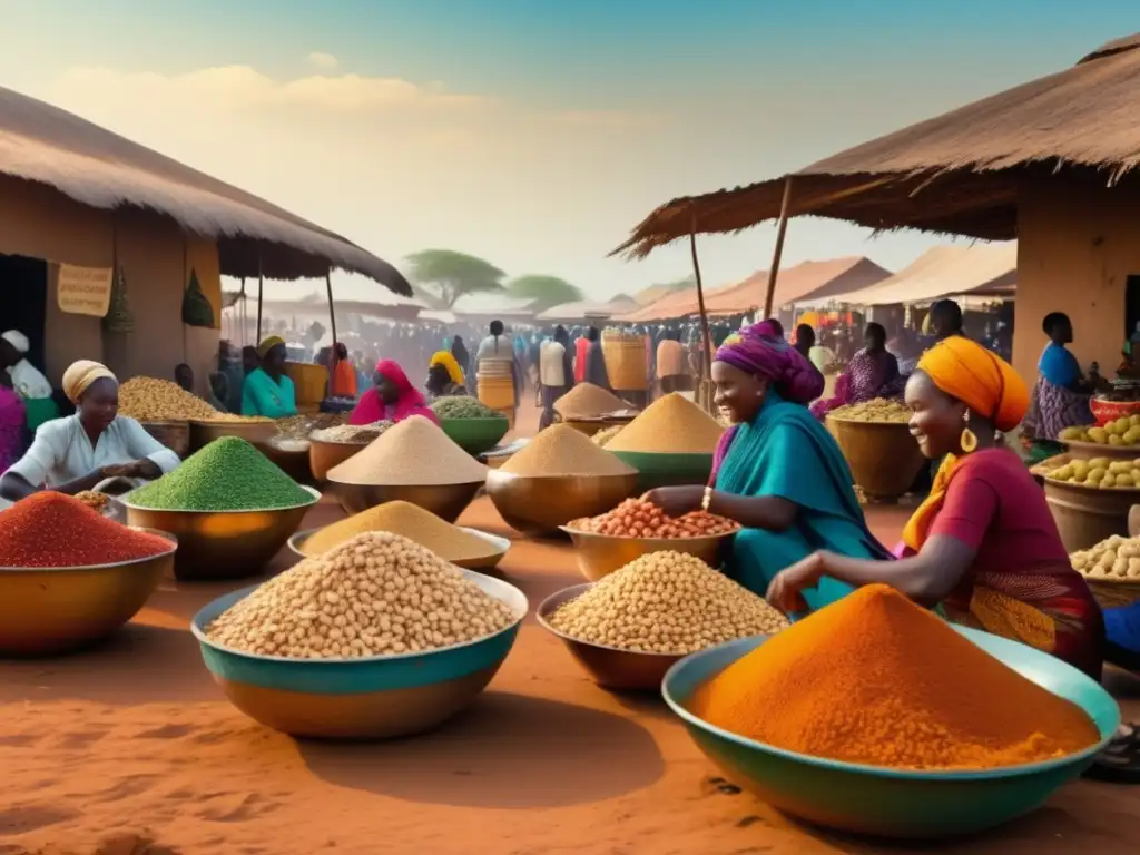 Mercado vibrante en África: colores, texturas y actividad Mercado africano con ingredientes para Maafe: Propiedades curativas del Maafe en África Occidental