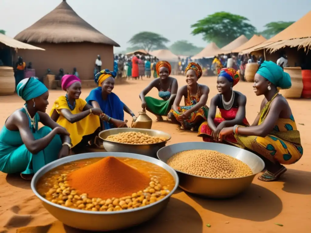 Mercado africano: mujeres preparando Maafe Mercado abierto en un vibrante pueblo de África Occidental, con mujeres vestidas en trajes tradicionales y pañuelos en la cabeza