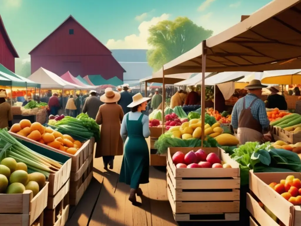 Escena colorida y vibrante de mercado, con frutas y verduras frescas, niños y adultos curiosos