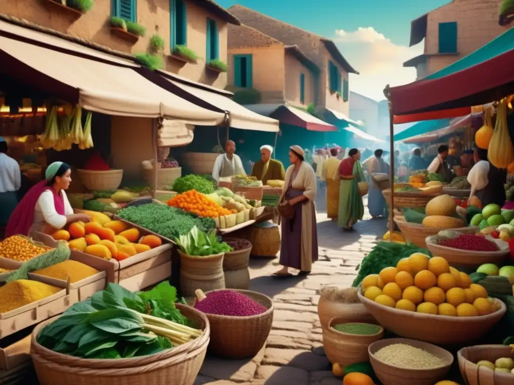 Mercado antiguo: colores vibrantes, alimentos curativos y tradición Mercado antiguo con alimentos curativos para estrés crónico