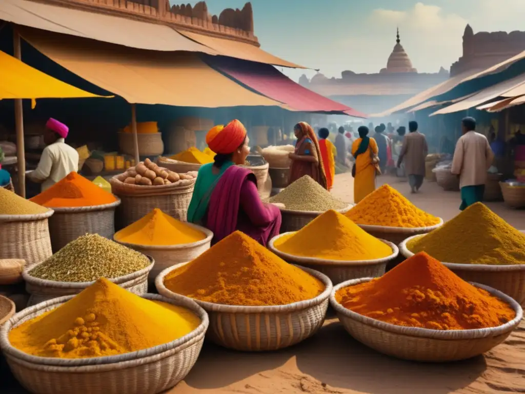 Mercado antiguo con cúrcuma Mercado antiguo repleto de colores y texturas, vendedor de cúrcuma y arquitectura histórica