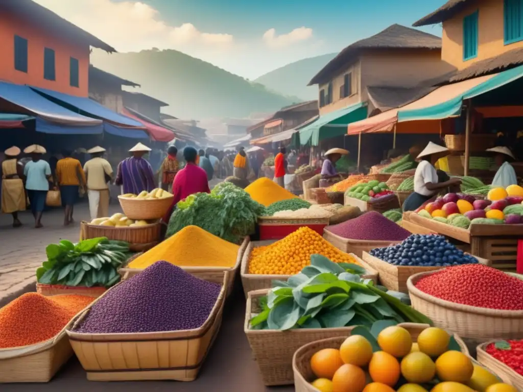 Mercado antiguo con superalimentos Beneficios superfoods tradicionales: mercado antiguo, colores vibrantes, vendedores, frutas y verduras nutritivas, murales coloridos