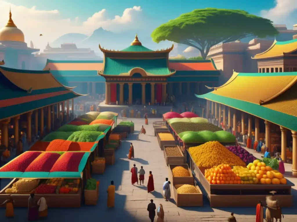 Mercado vibrante en civilización antigua Mercado ancestral lleno de alimentos curativos y mitología (110 caracteres)