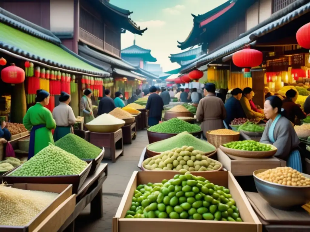 Mercado asiático antiguo con edamame y actividad Escena histórica de un animado mercado asiático con edamame y propiedades curativas