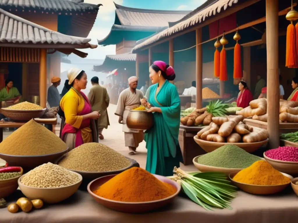 Mercado antiguo con especias exóticas Mercado antiguo de Asia: Jengibre ancestral, propiedades curativas