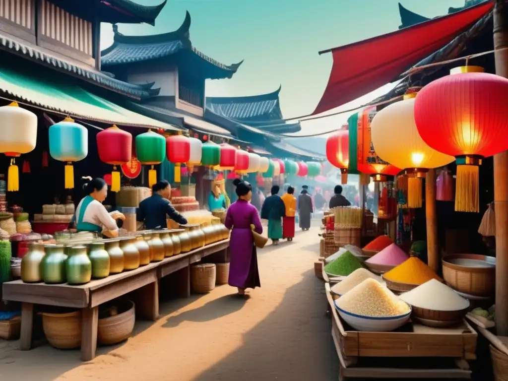 Mercado asiático con vino de arroz curativo: diversidad, colores y encanto vintage