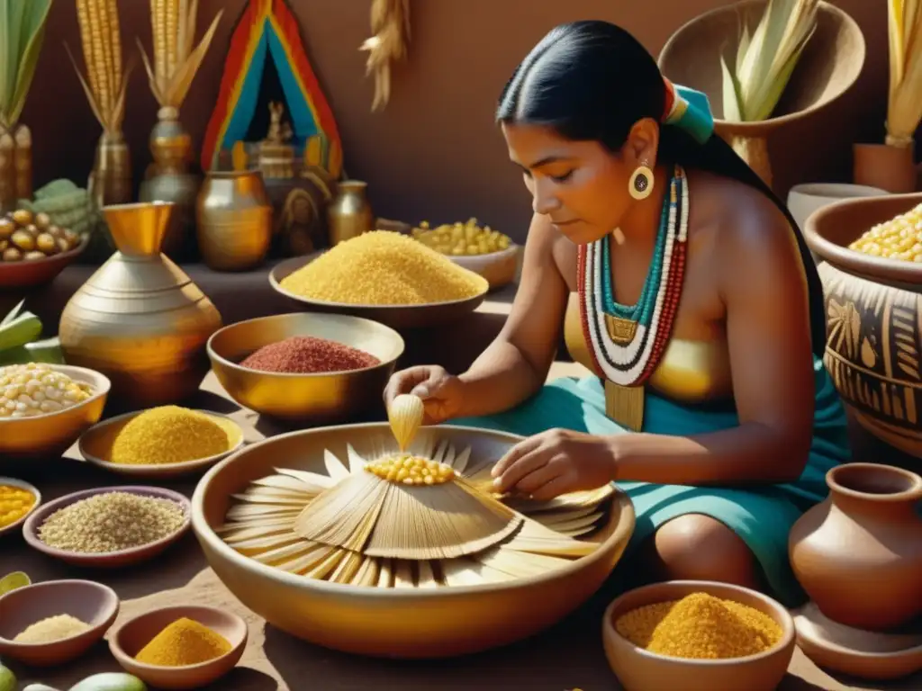 Mercado azteca con curandero y maíz vibrante Mercado azteca: Beneficios curativos del maíz en la cultura azteca