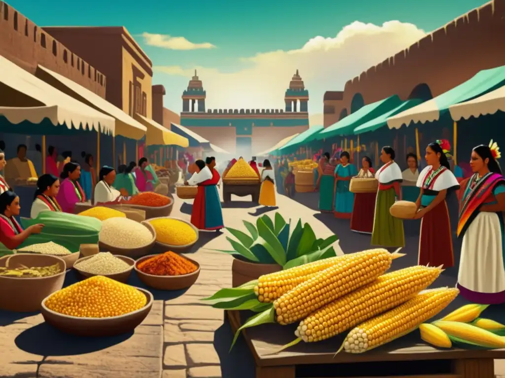 Mercado de maíz en la antigua Tenochtitlan Mercado azteca: productos de maíz y cultura ancestral