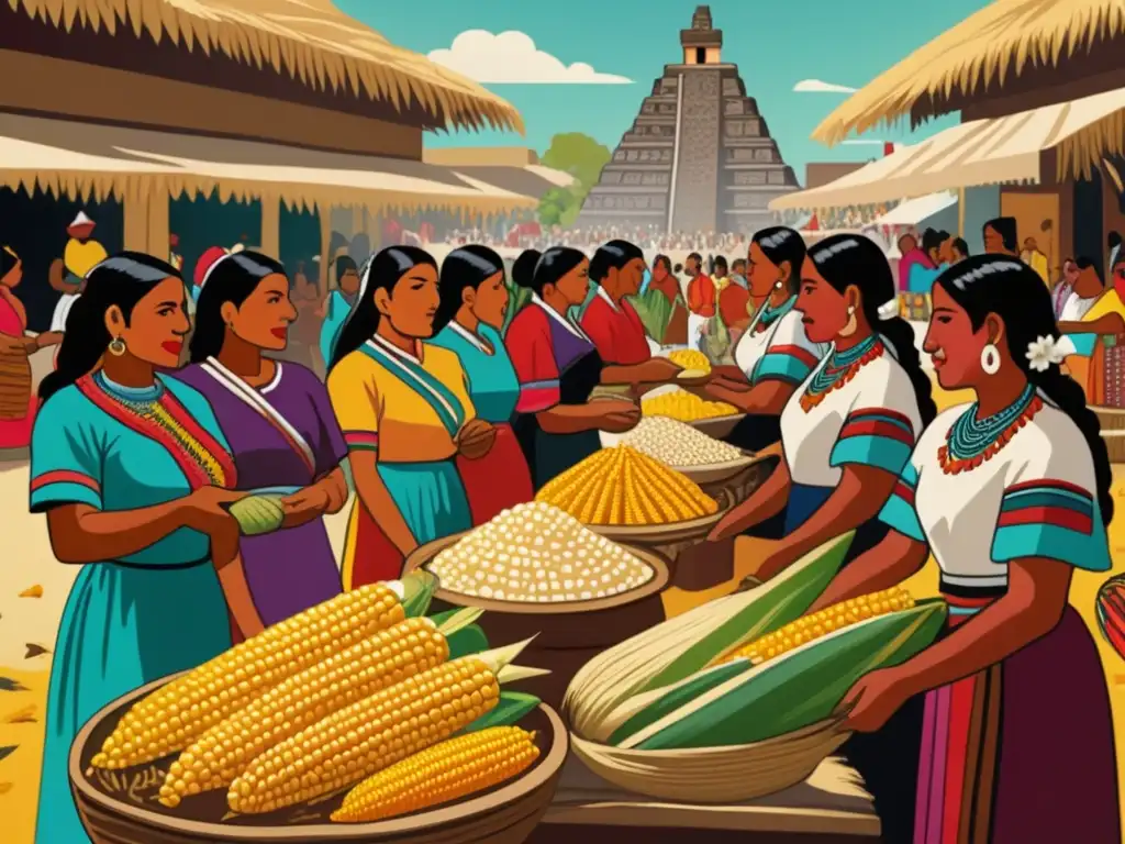 Mercado vibrante y colorido de la antigua civilización Azteca Mercado vibrante en la antigua civilización azteca: mujeres indígenas vendiendo maíz y mostrando su importancia cultural