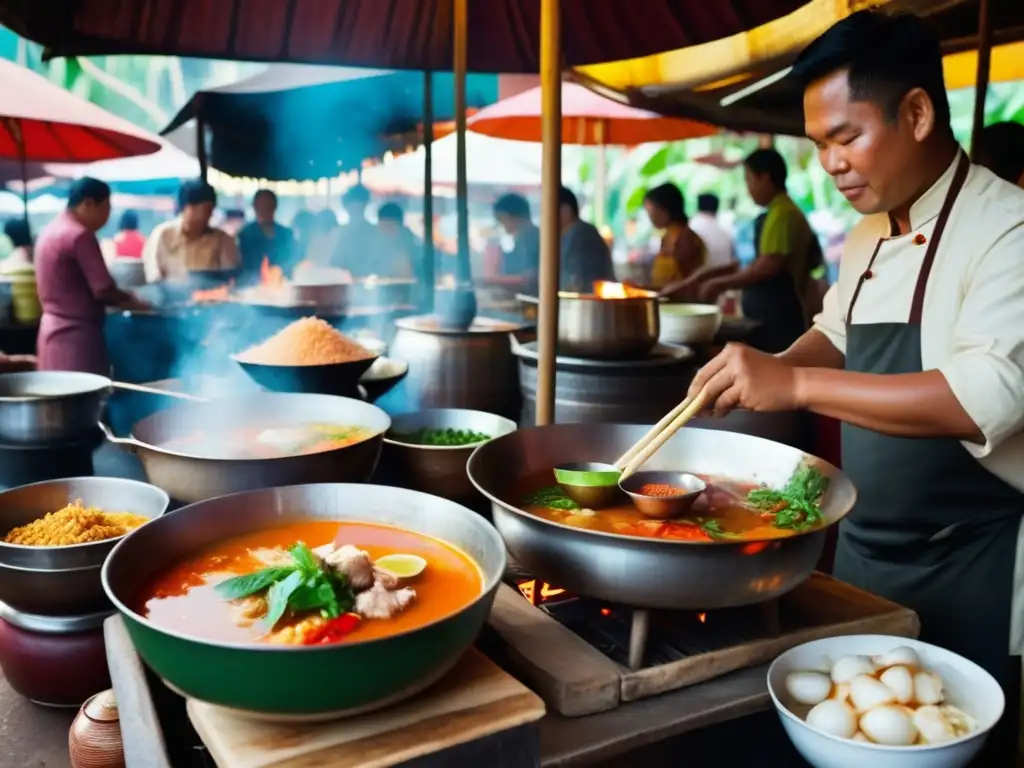 Mercado de comida callejera tailandesa vibrant Mercado callejero tailandés con sopa Tom Yum y beneficios antiinflamatorios