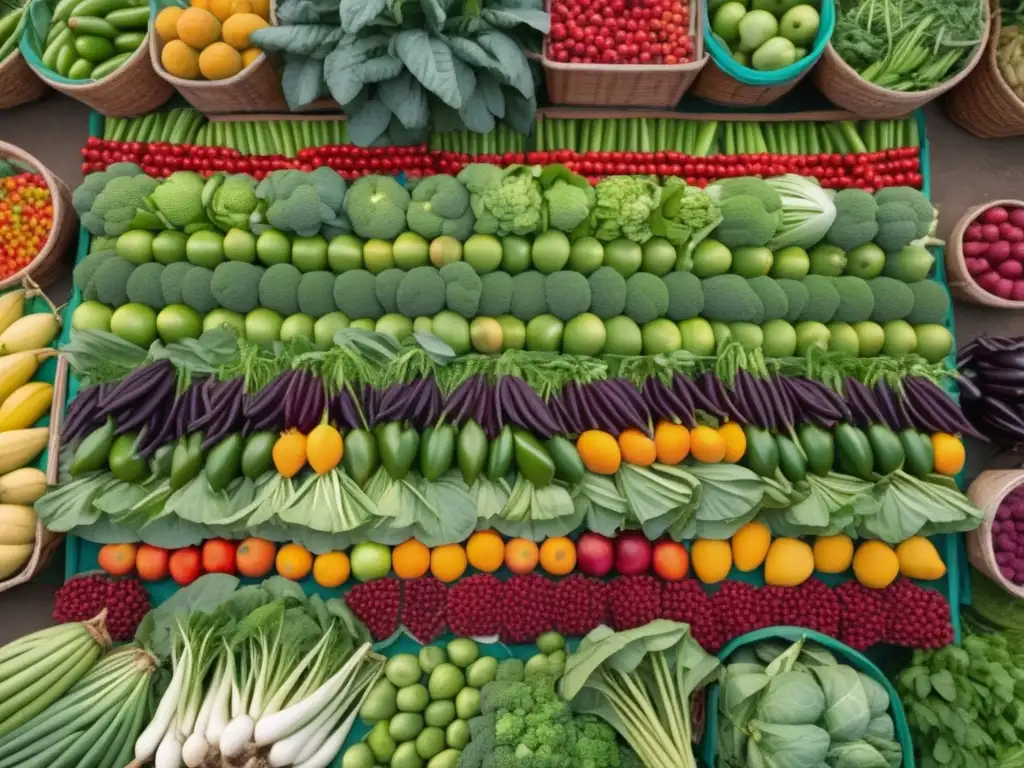 Mercado vibrante y colorido de frutas, verduras y hierbas indígenas Beneficios de la alimentación indígena: vibrante mercado lleno de frutas, verduras y hierbas, colores vivos, tradiciones culturales