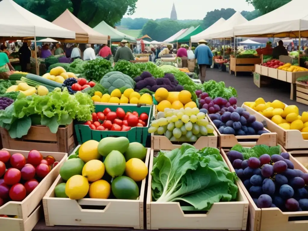Mercado de agricultores lleno de color y actividad Mercado de agricultores vibrante con frutas y verduras frescas, comunidad y beneficios de los alimentos curativos