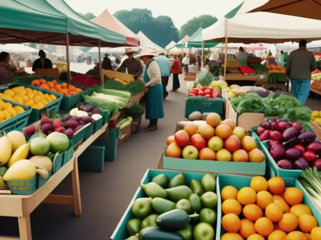 Mercado de agricultores vibrante y colorido Gastronomía curativa actualizada en mercado de agricultores vibrantemente colorido con productos orgánicos frescos y clientes comprometidos