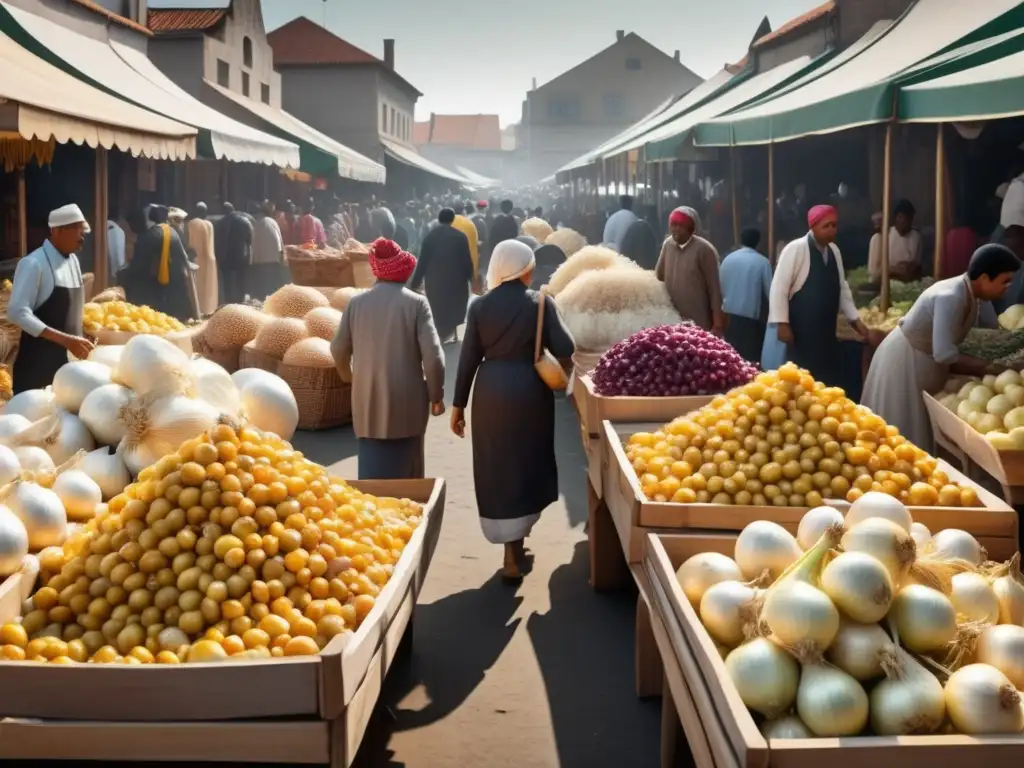 Mercado animado con vendedor de cebollas Escena de mercado con cebollas: Beneficios medicinales de la cebolla en una imagen vintage de un bullicioso mercado al aire libre