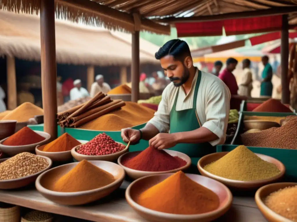 Mercado de especias en la antigüedad Mercado de especias antiguo con comerciante midiendo canela: Beneficios curativos de la canela