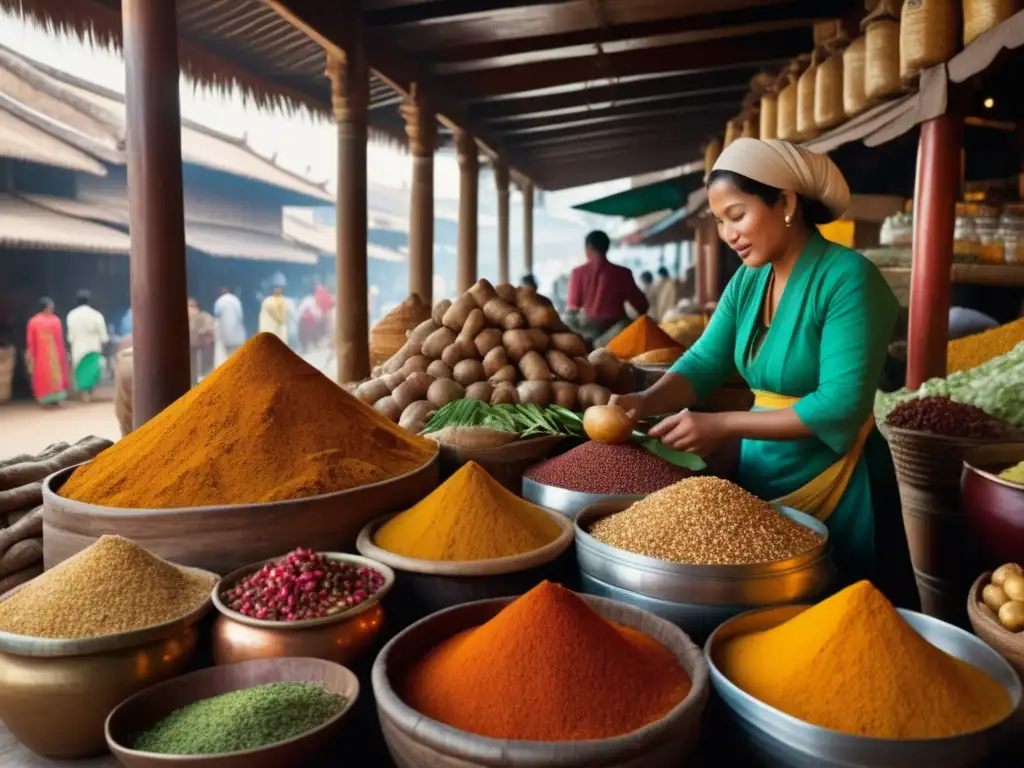 Mercado de especias antiguo en Asia Propiedades curativas del jengibre ancestral en un mercado de especias histórico
