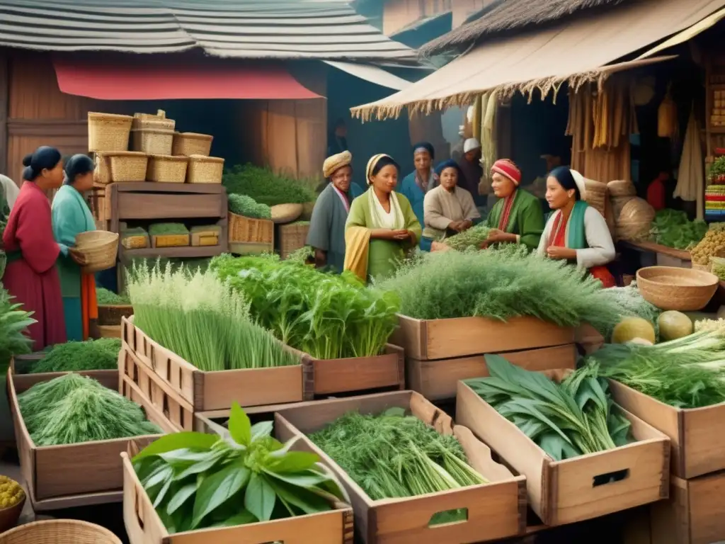 Mercado de medicina herbal tradicional Mercado de medicina tradicional: variedad de plantas curativas, colores vibrantes, vendedores expertos en beneficios de alimentos curativos