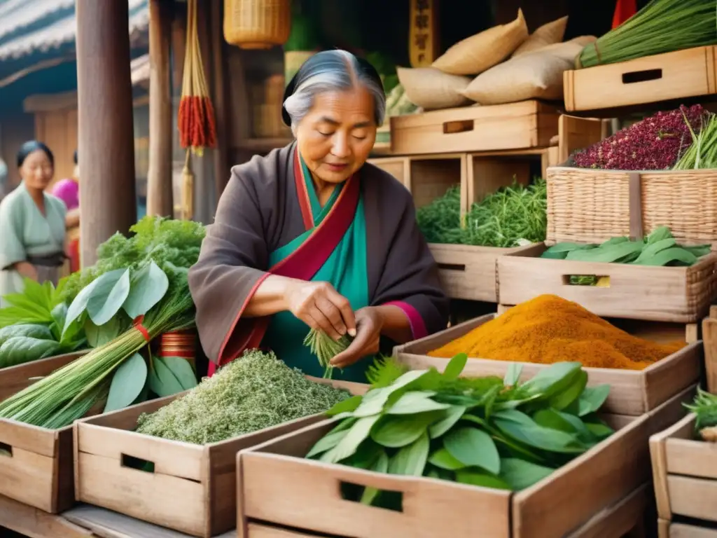 Mercado de hierbas medicinales en ciudad asiática Mercado de hierbas medicinales: Sabiduría ancestral y beneficios de los alimentos curativos
