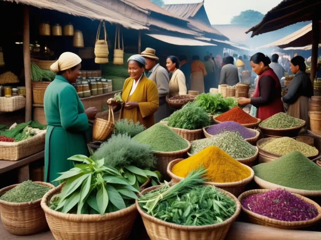 Mercado de hierbas medicinales tradicionales Mercado de hierbas medicinales: colores vibrantes, aromas y beneficios de los alimentos curativos tradicionales