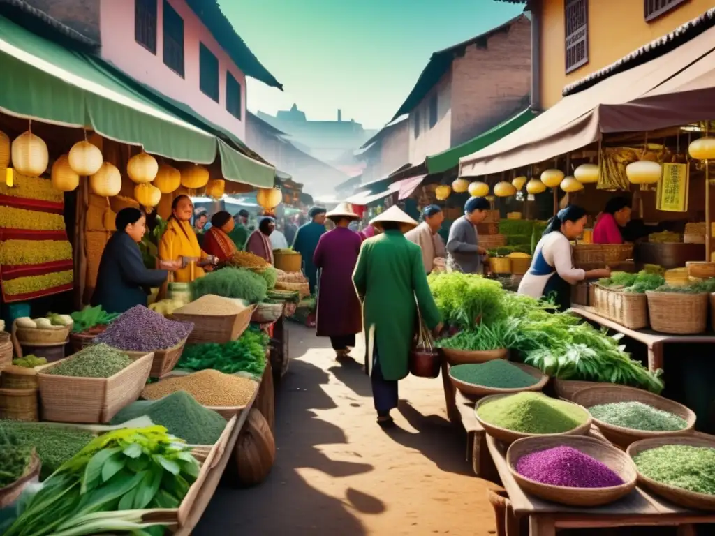 Mercado de hierbas tradicionales bullicioso Mercado tradicional de medicina herbal con vibrante actividad - Beneficios de la medicina tradicional en la actualidad