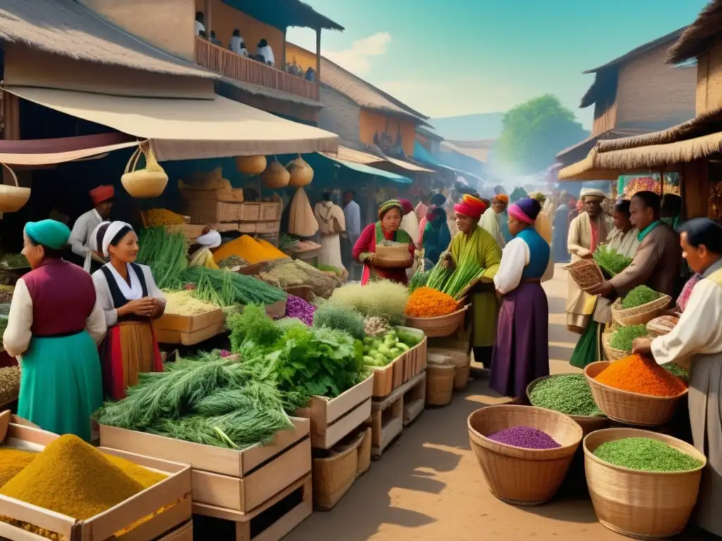Mercado herbal tradicional lleno de vida Mercado tradicional de hierbas con colores vibrantes y diversidad de ingredientes medicinales - Beneficios de los alimentos curativos tradicionales