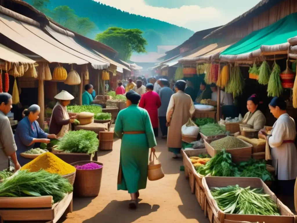 Mercado de medicina tradicional: colores vibrantes y diversidad Mercado de medicina tradicional con variedad de productos naturales y beneficios para la salud