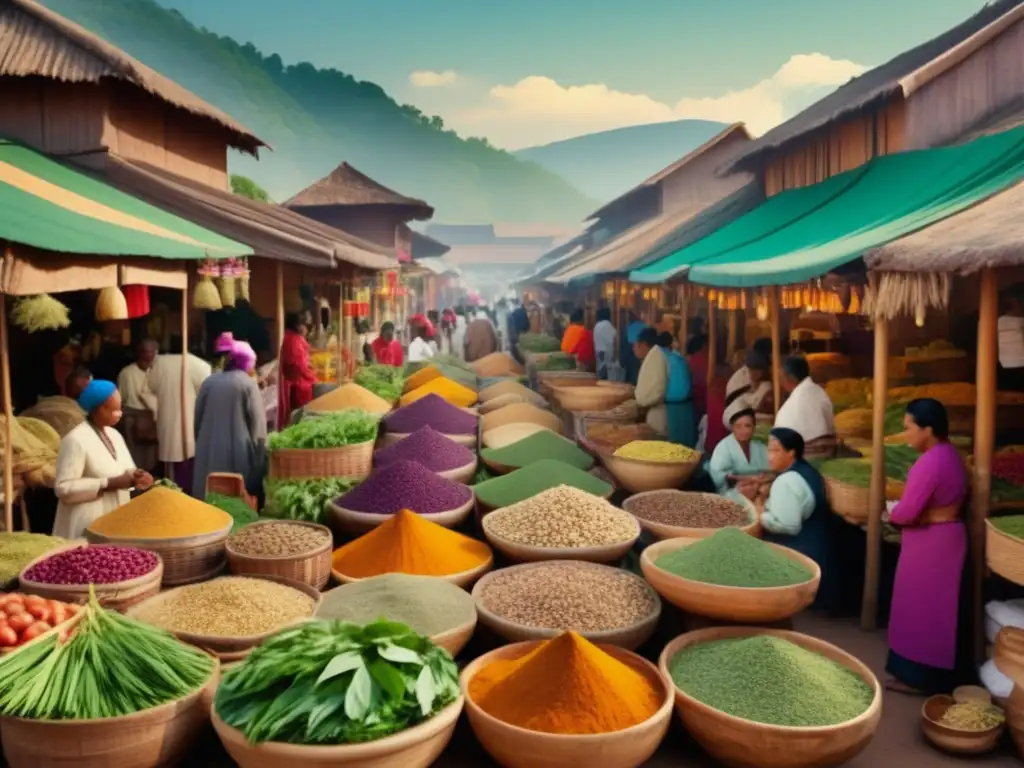 Mercado de medicina tradicional vibrante y colorido Mercado tradicional de medicina con superalimentos y hierbas medicinales
