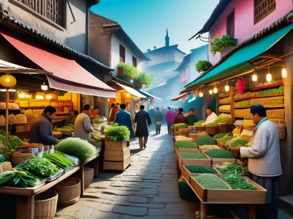 Mercado de medicina tradicional vibrante y colorido Mercado de medicina tradicional: colores vibrantes y actividad en un encantador callejón con tiendas y puestos