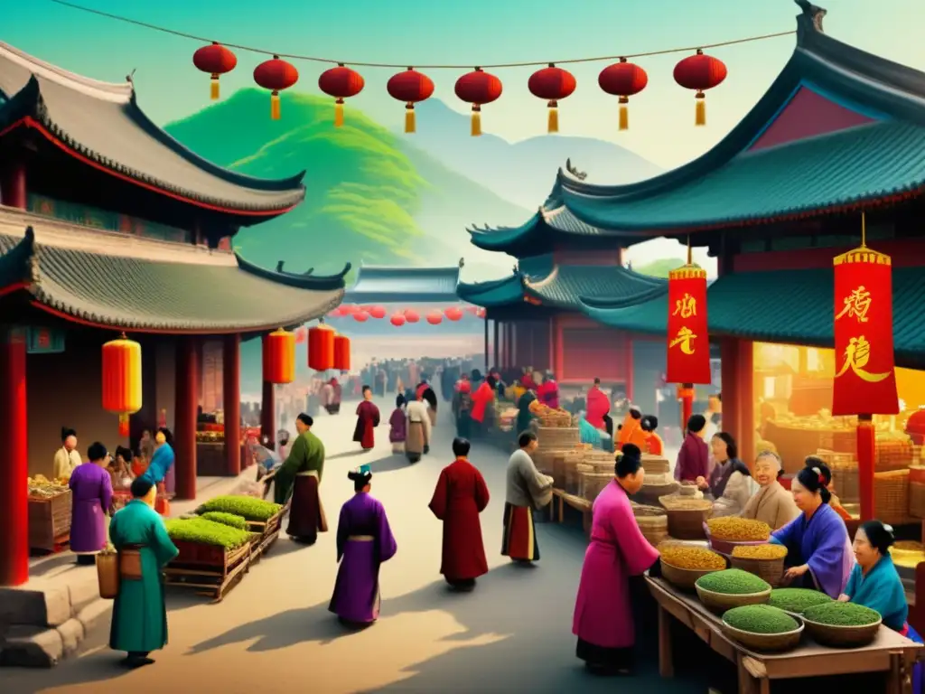 Mercado de té en China antigua Mercado de té en China, con colores vibrantes, detalles intrincados y actividades relacionadas con el té