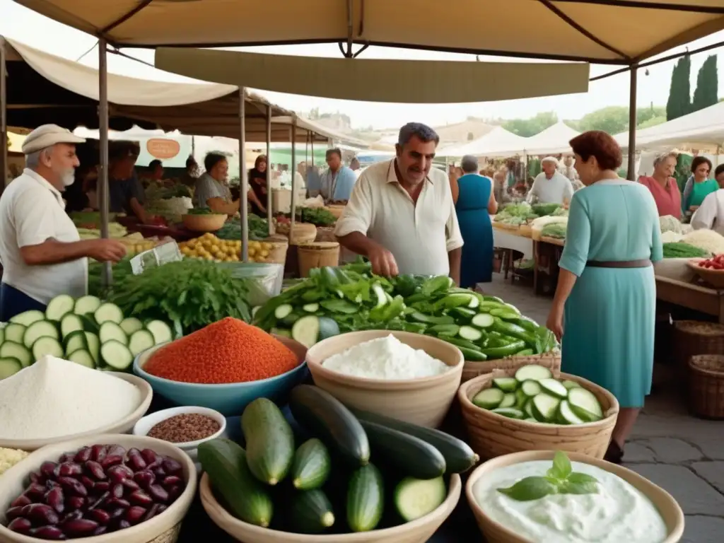 Mercado griego: colores, aromas y comida Escena de mercado griego con colores y aromas vibrantes, destacando beneficios y propiedades del Tzatziki Griego