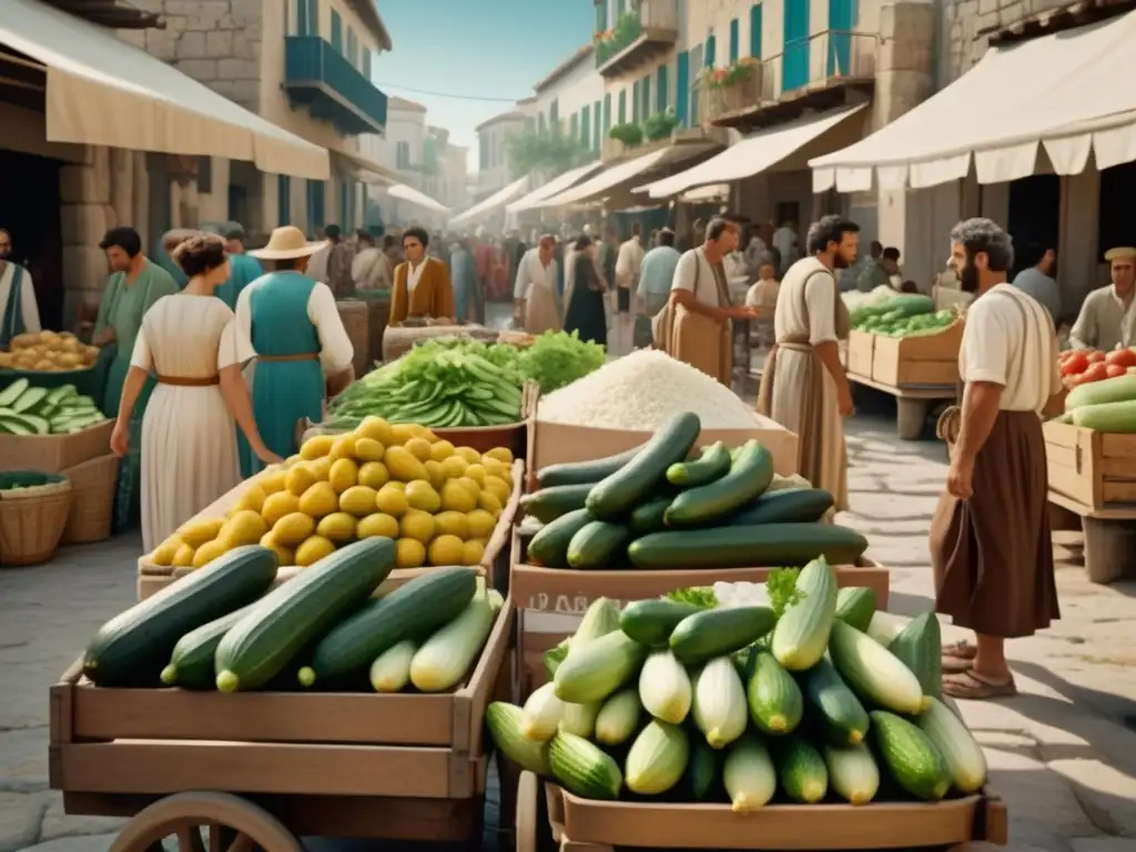Mercado griego antiguo con tzatziki Tzatziki Griego: Mercado antiguo con ingredientes frescos y coloridos