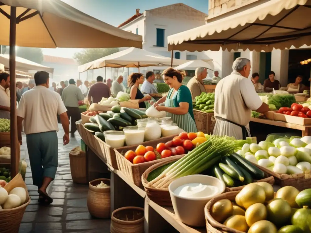 Mercado tradicional griego lleno de vida Mercado griego con alimentos frescos, incluido Tzatziki