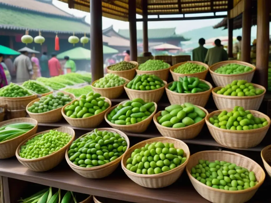 Mercado tradicional de medicina herbal en Asia Mercado de hierbas medicinales asiáticas con edamame: Propiedades curativas del edamame