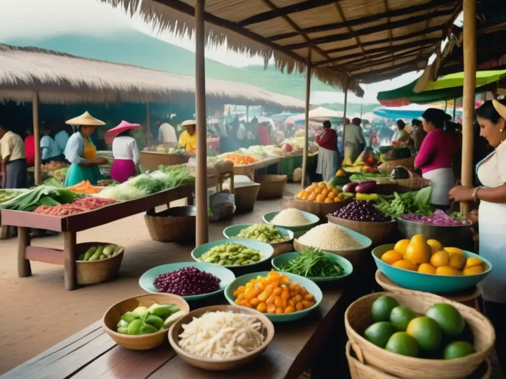 Mercado local con colores vibrantes y comida tradicional Mercado local en América Latina con recetas curativas tradicionales