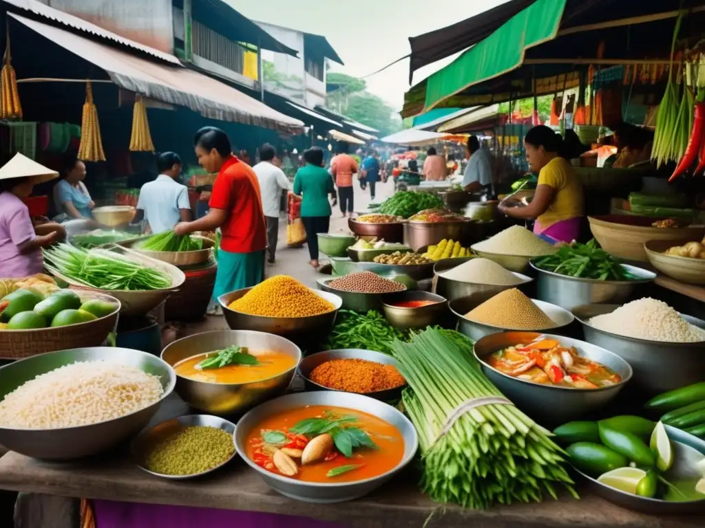 Mercado tailandés vibrante y colorido Sopa Tom Yum: Mercado tailandés, colores vibrantes, actividad bulliciosa