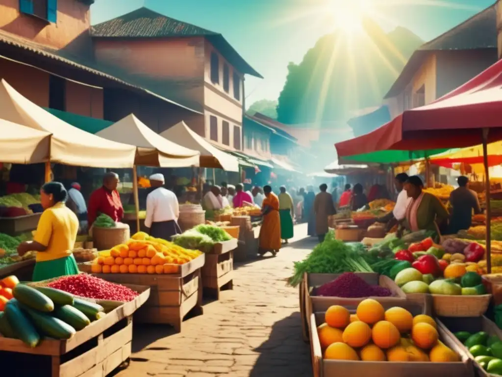 Mercado tradicional lleno de vida Escena de mercado tradicional con alimentos curativos: evolución literaria