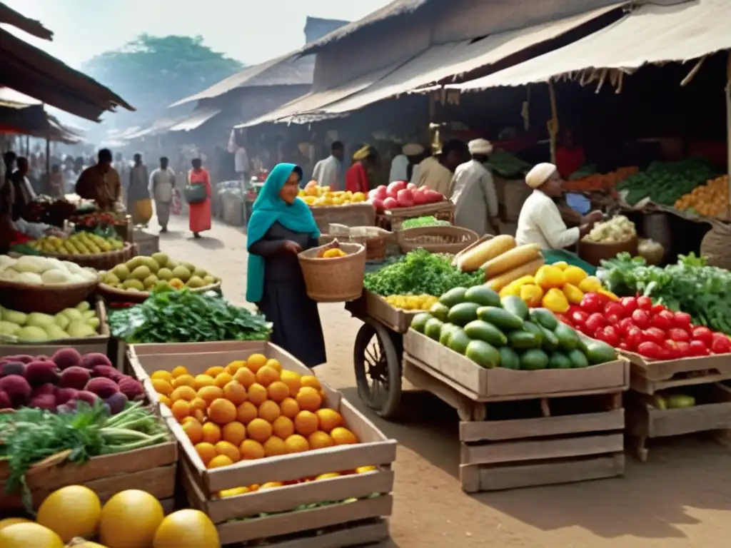 Mercado tradicional con frutas y verduras coloridas Alimentos curativos tradicionales resistiendo el cambio en vibrante mercado tradicional