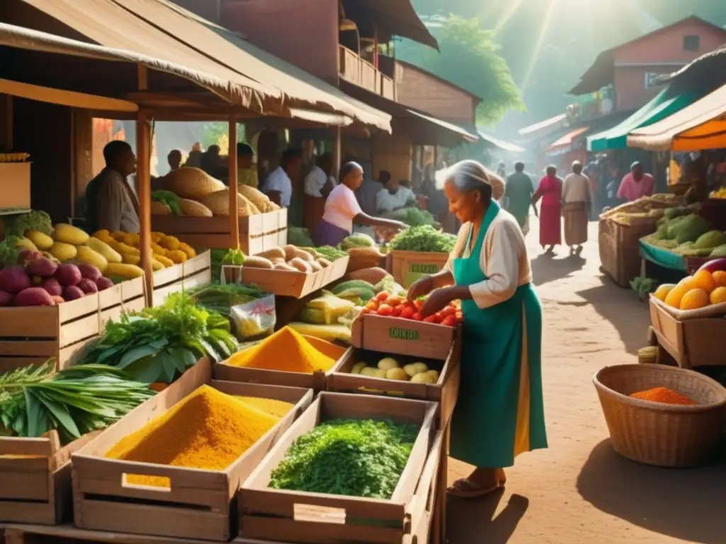 Mercado tradicional de alimentos curativos Escena de mercado tradicional con alimentos curativos y sabiduría ancestral