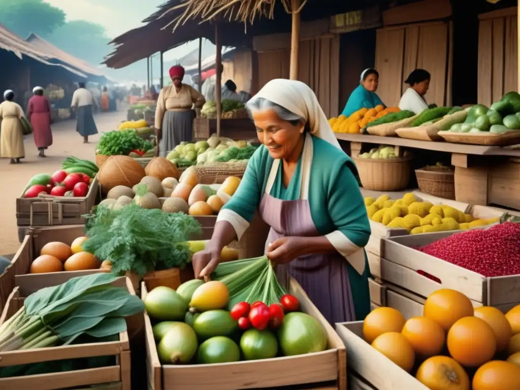 Mercado tradicional lleno de colores y actividad Beneficios de alimentos curativos tradicionales en vibrante mercado lleno de colores y actividad